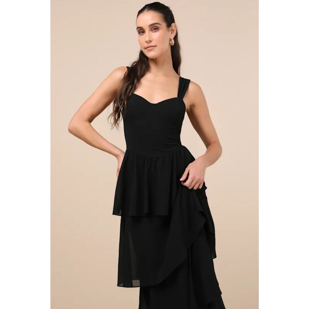 Lulus Carlynda Black Tiered Bustier Chiffon Basque Waist A Line Maxi Dress M - Picture 2 of 14
